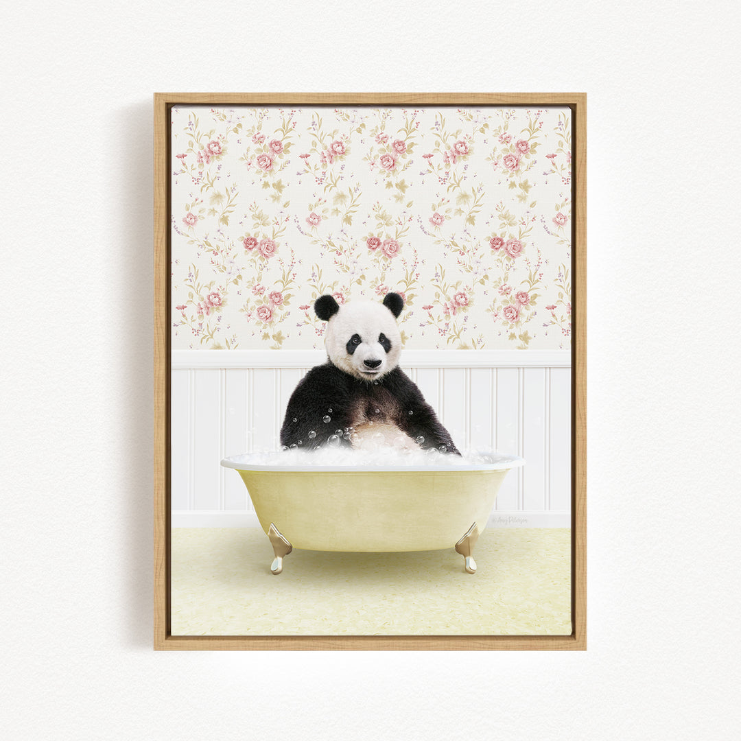 A panda bear sitting in a bathtub filled with bubbles, surrounded by a floral wallpaper.