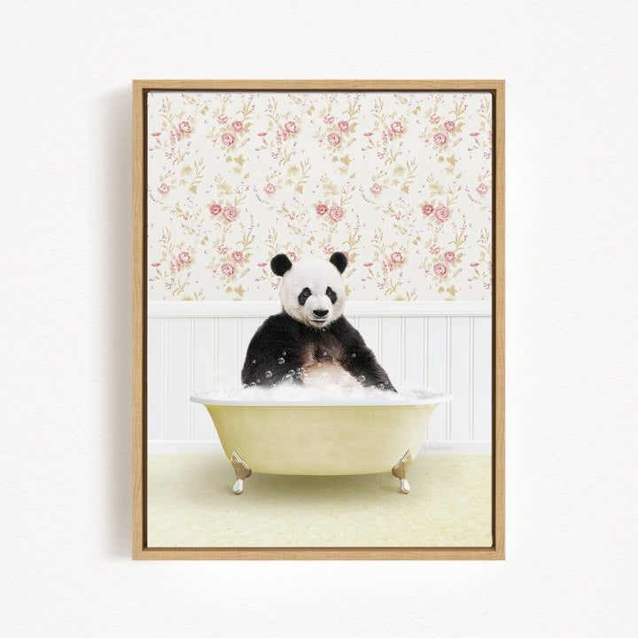 A panda bear sitting in a bathtub filled with bubbles, surrounded by a floral wallpaper.