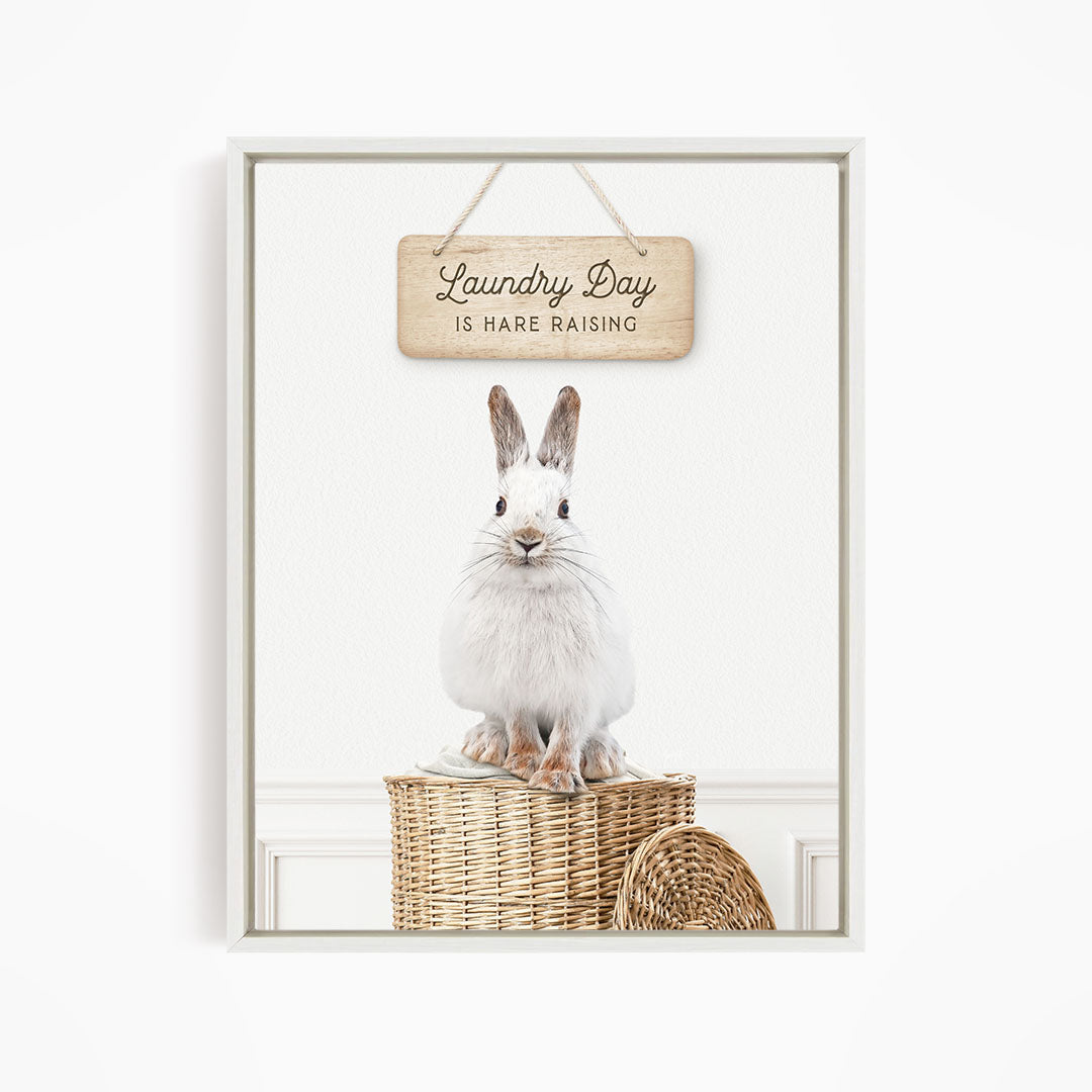 A white rabbit sitting in a wicker basket, with a wooden sign above that says "Laundry Day is rare raising".