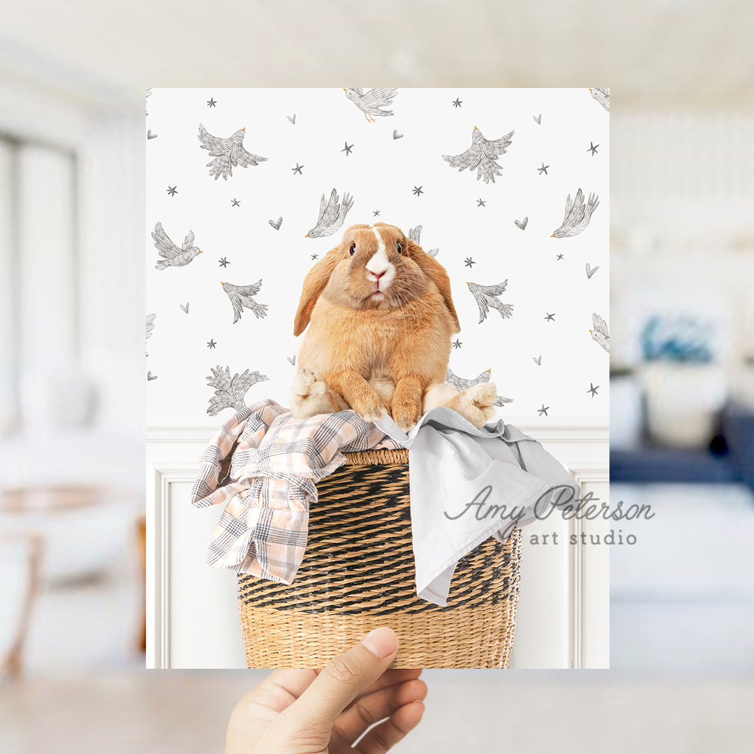 a person holding a card with a dog in a basket