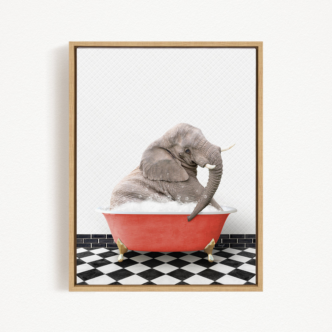 A gray elephant is sitting in a red bathtub filled with water, surrounded by a black and white checkered floor.