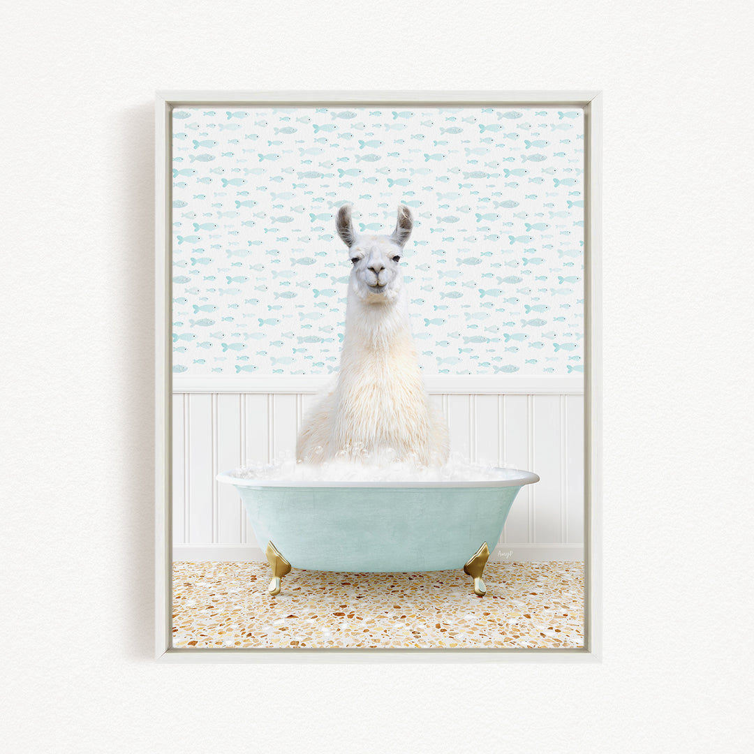 A white llama sitting in a light blue bathtub filled with bubbles, with a pattern of fish on the wall behind it.