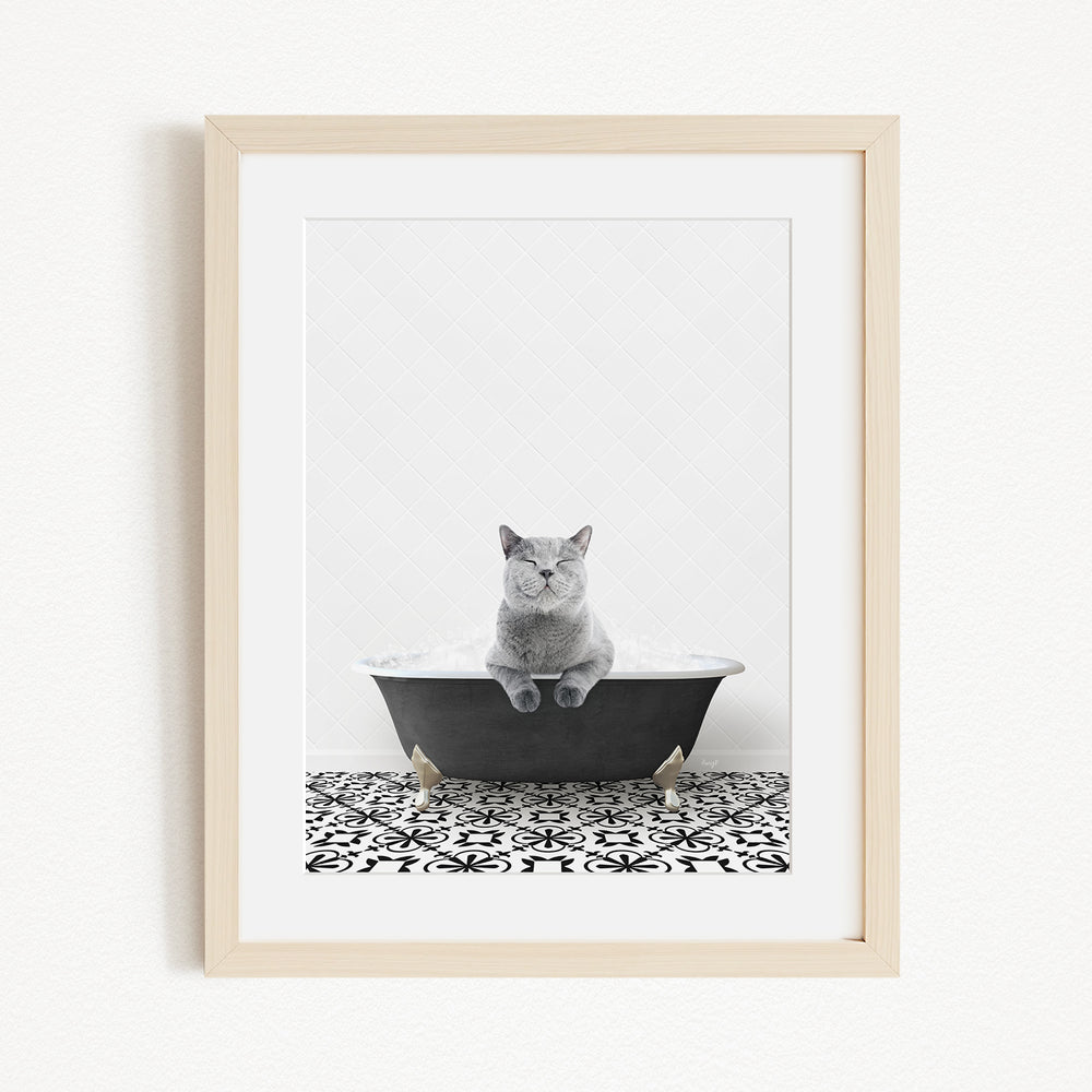 A gray cat sitting in a black bathtub, with a patterned tile floor in the foreground.