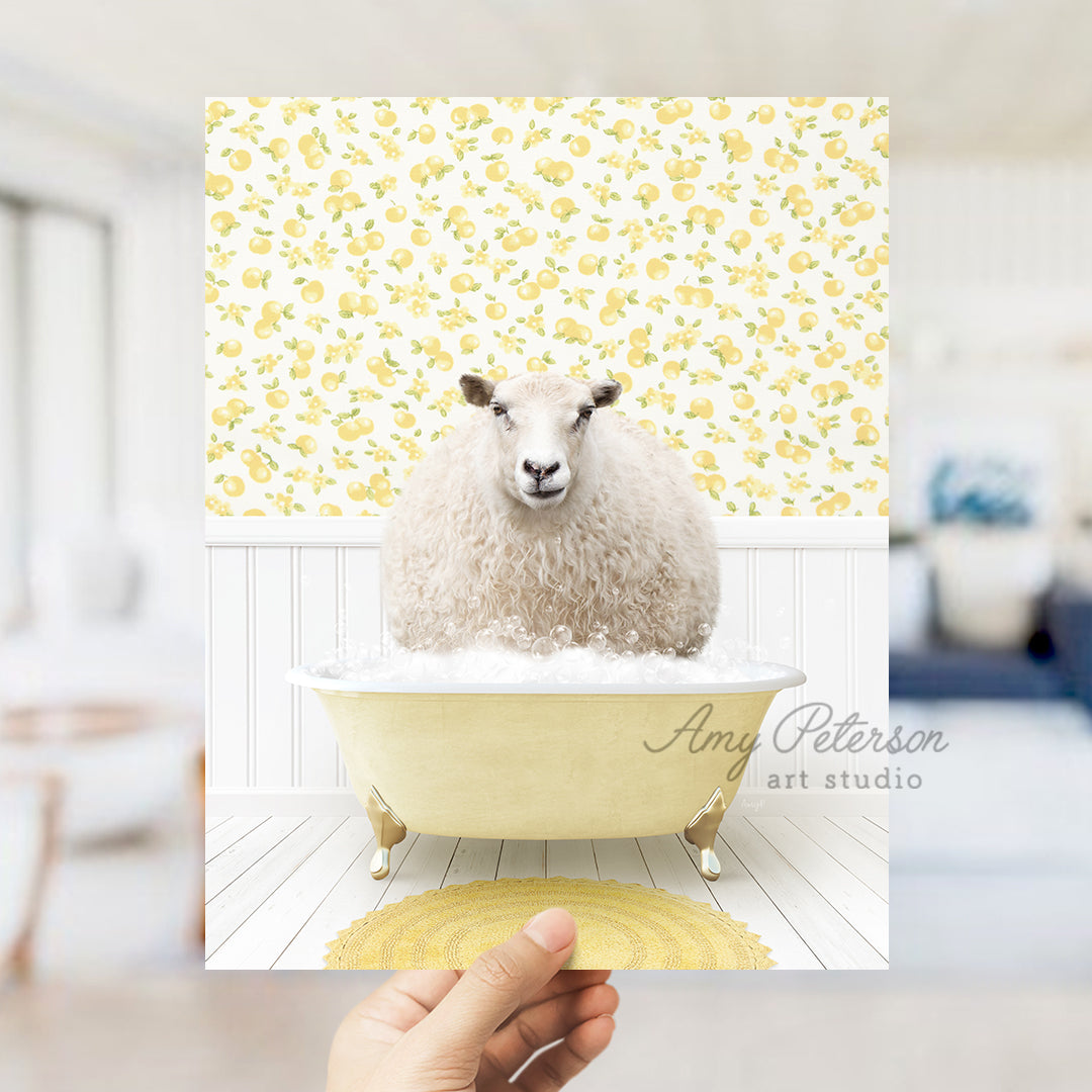 a sheep sitting in a bathtub in a room