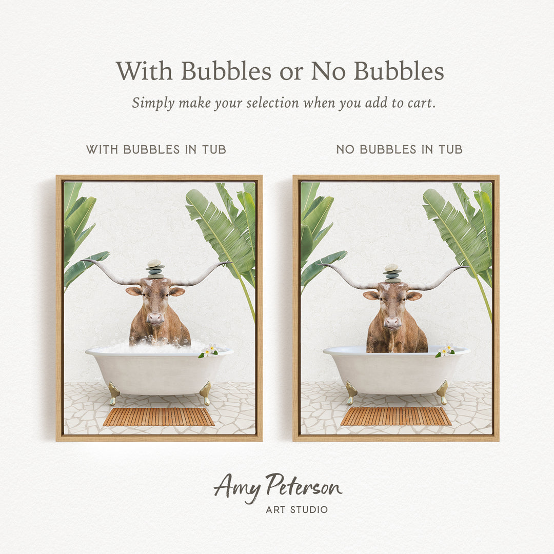 The image is a collage of two pictures featuring a cow sitting in a bathtub. The cow has horns and is surrounded by tropical plants, creating a whimsical and playful scene.