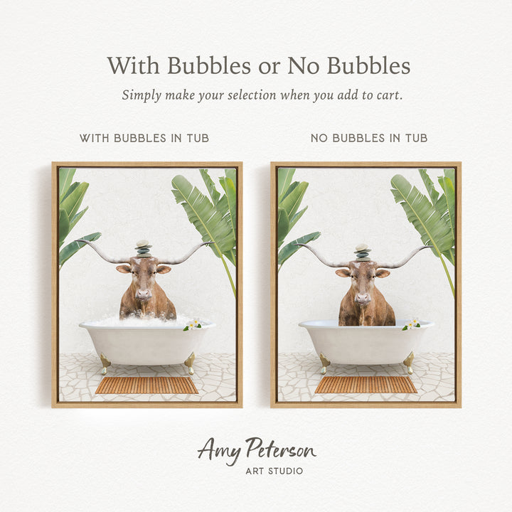 The image is a collage of two pictures featuring a cow sitting in a bathtub. The cow has horns and is surrounded by tropical plants, creating a whimsical and playful scene.