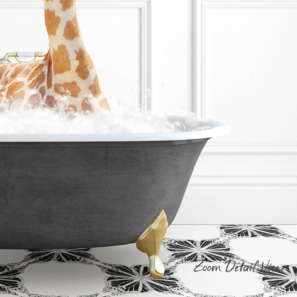 A giraffe standing in a bathtub filled with bubbles, with a gold bathtub faucet and a black and white patterned floor.