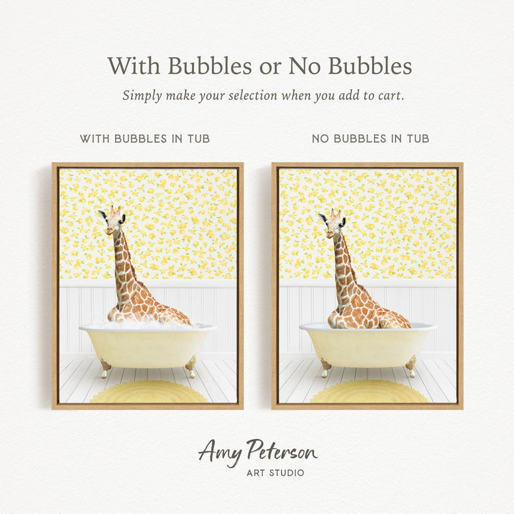 The image is a collage of two framed pictures, each depicting a giraffe sitting in a bathtub. The text above the images reads "With Bubbles or No Bubbles" and below the images, it says "Simply make your selection when you add to cart."