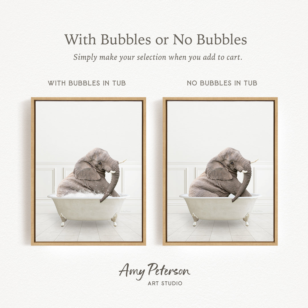 The image is a collage of two pictures, each featuring an elephant sitting in a bathtub. The first picture has bubbles in the tub, while the second picture does not have bubbles. The text above the images reads "With Bubbles or No Bubbles Simply make your selection when you add to cart."