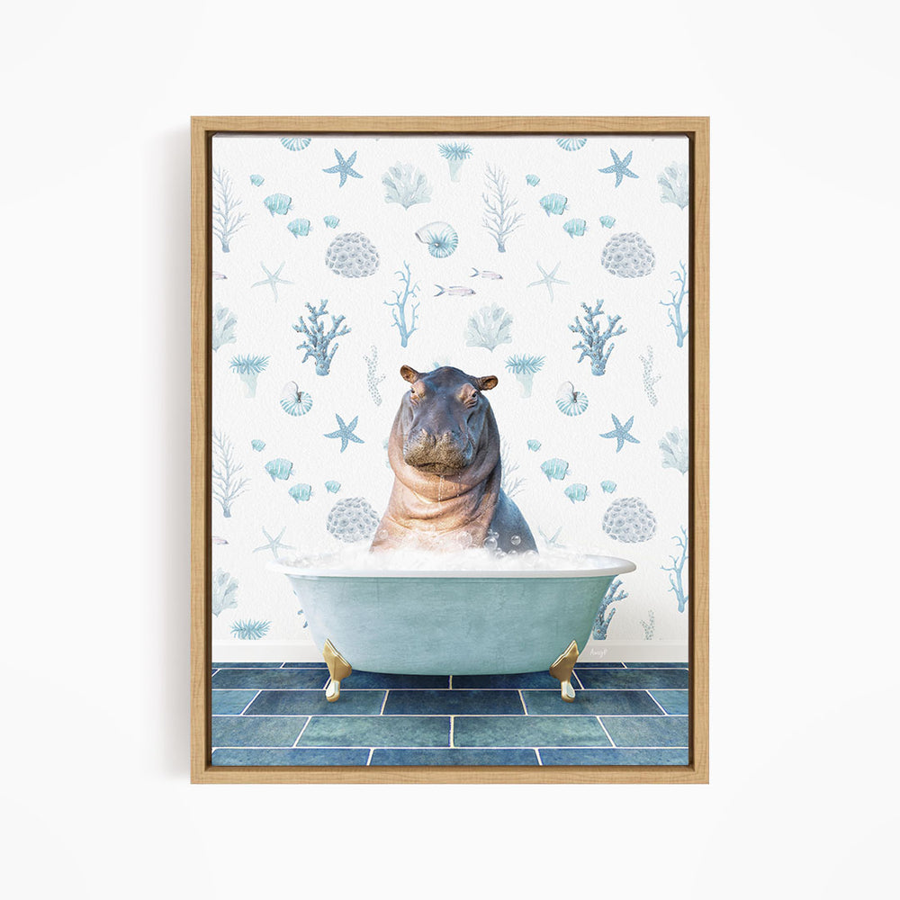 A framed print depicting a hippopotamus sitting in a bathtub filled with water, surrounded by various marine life and plants.