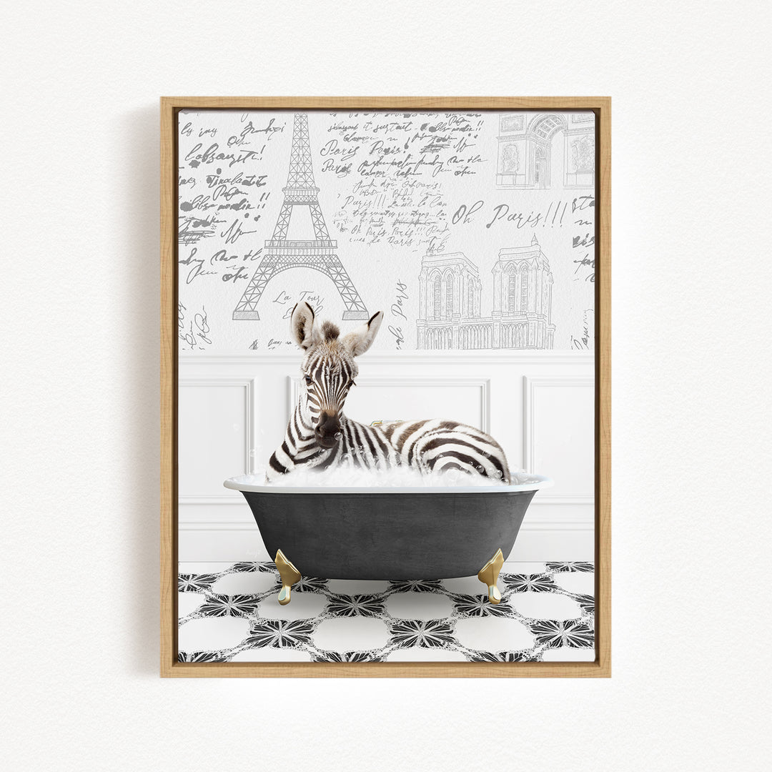 A zebra is sitting in a bathtub, surrounded by various architectural drawings and text, creating a whimsical and artistic scene.