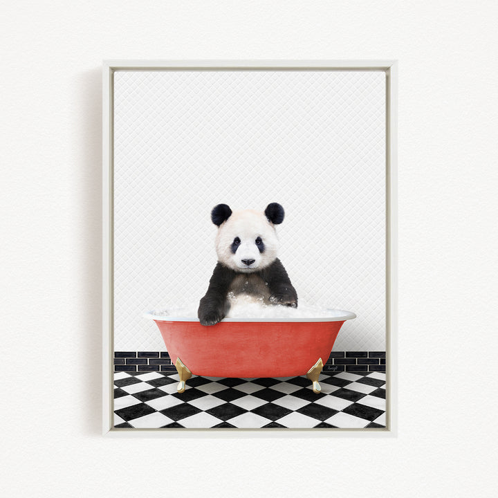 A panda bear sitting in a red bathtub filled with bubbles, surrounded by a black and white checkered floor.
