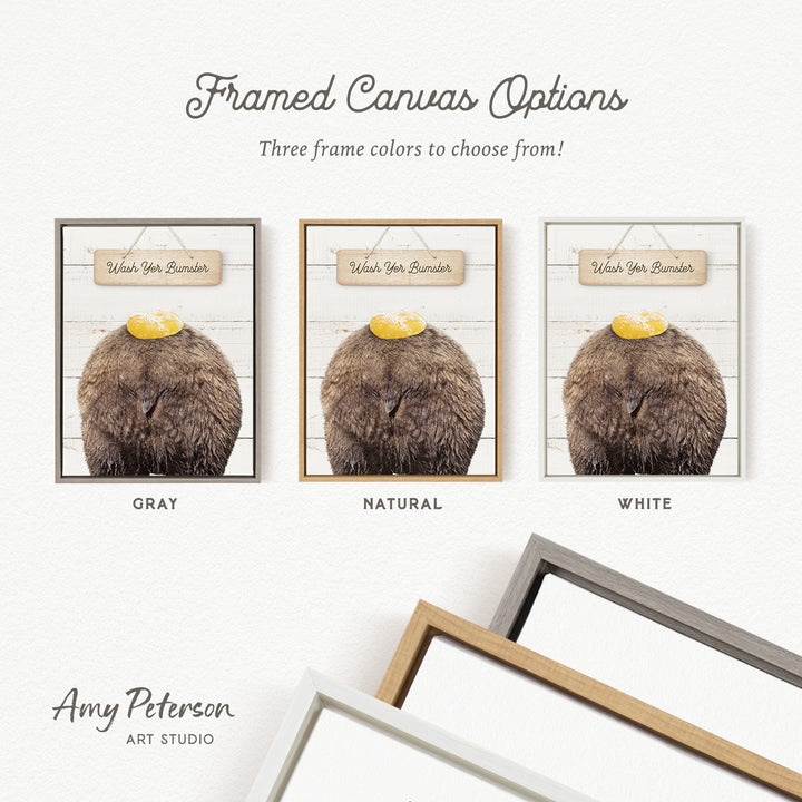 three framed canvas options, each featuring a different color and frame style, with the text " Framed Canvas Options" and "Three frame colors to choose from!"