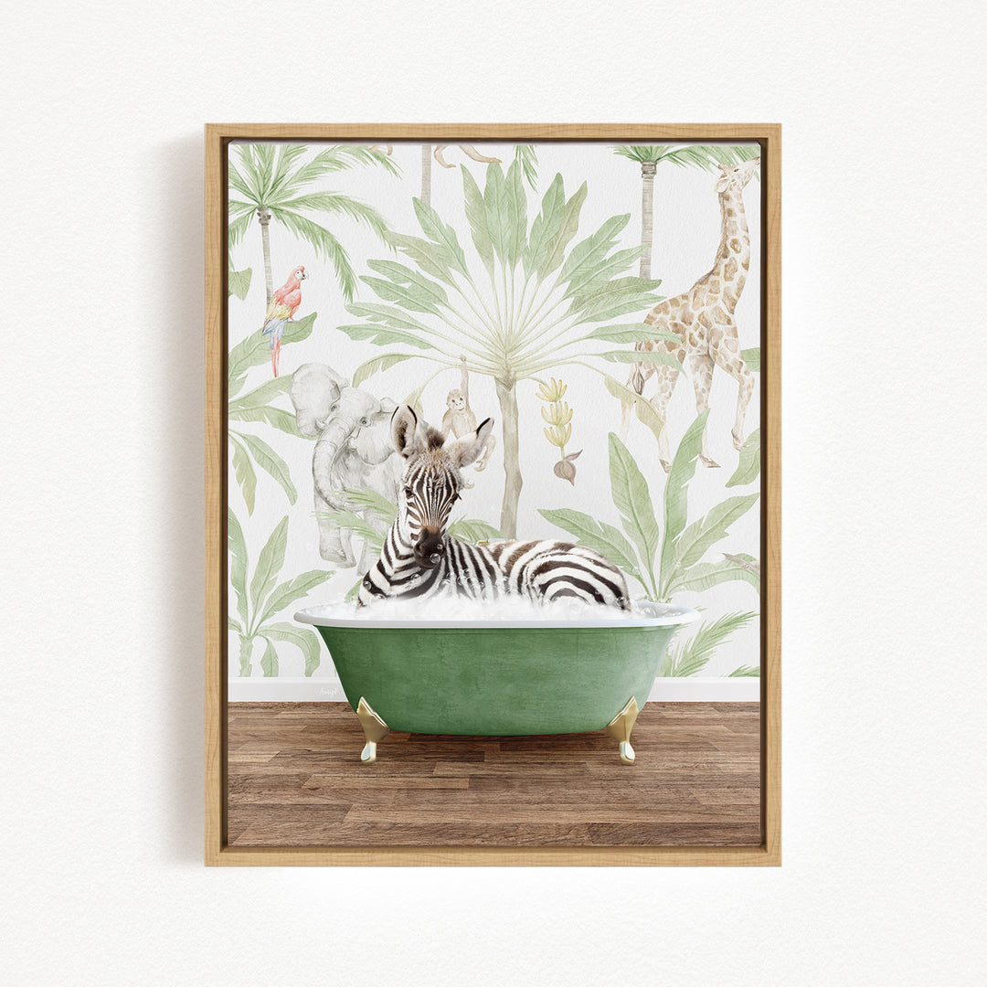 A zebra is sitting in a green bathtub, surrounded by tropical foliage and other animals, creating a whimsical and playful scene.
