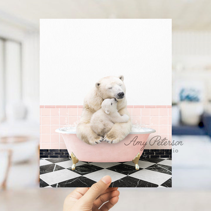 a person holding up a card with a polar bear sitting on a bathtub