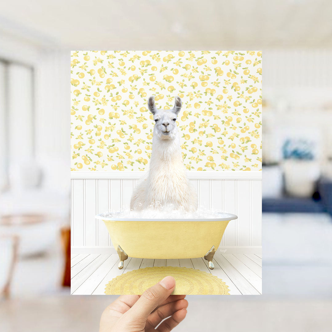 A white llama sitting in a yellow bathtub filled with bubbles, surrounded by a yellow and white floral patterned wall.