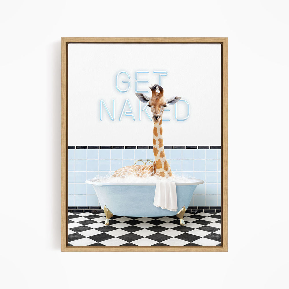 A giraffe sitting in a bathtub with a towel around its neck, and a sign that says "GET NAKED" in the background.