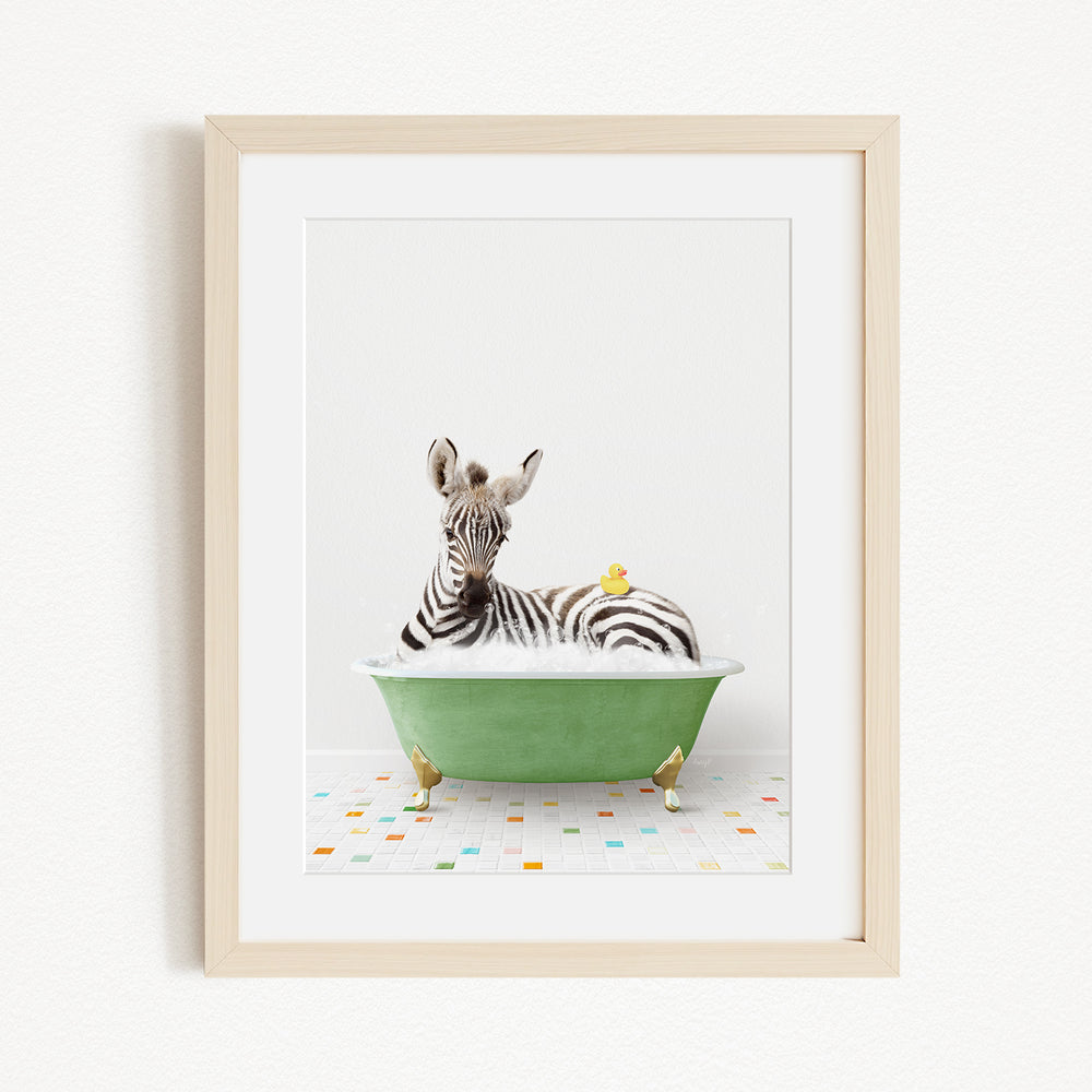 A zebra is sitting in a green bathtub, surrounded by small yellow birds, creating a whimsical and playful scene.