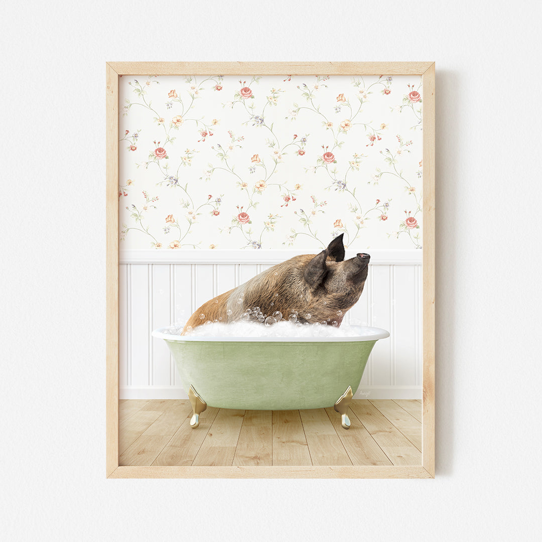 a dog taking a bath in a green bathtub