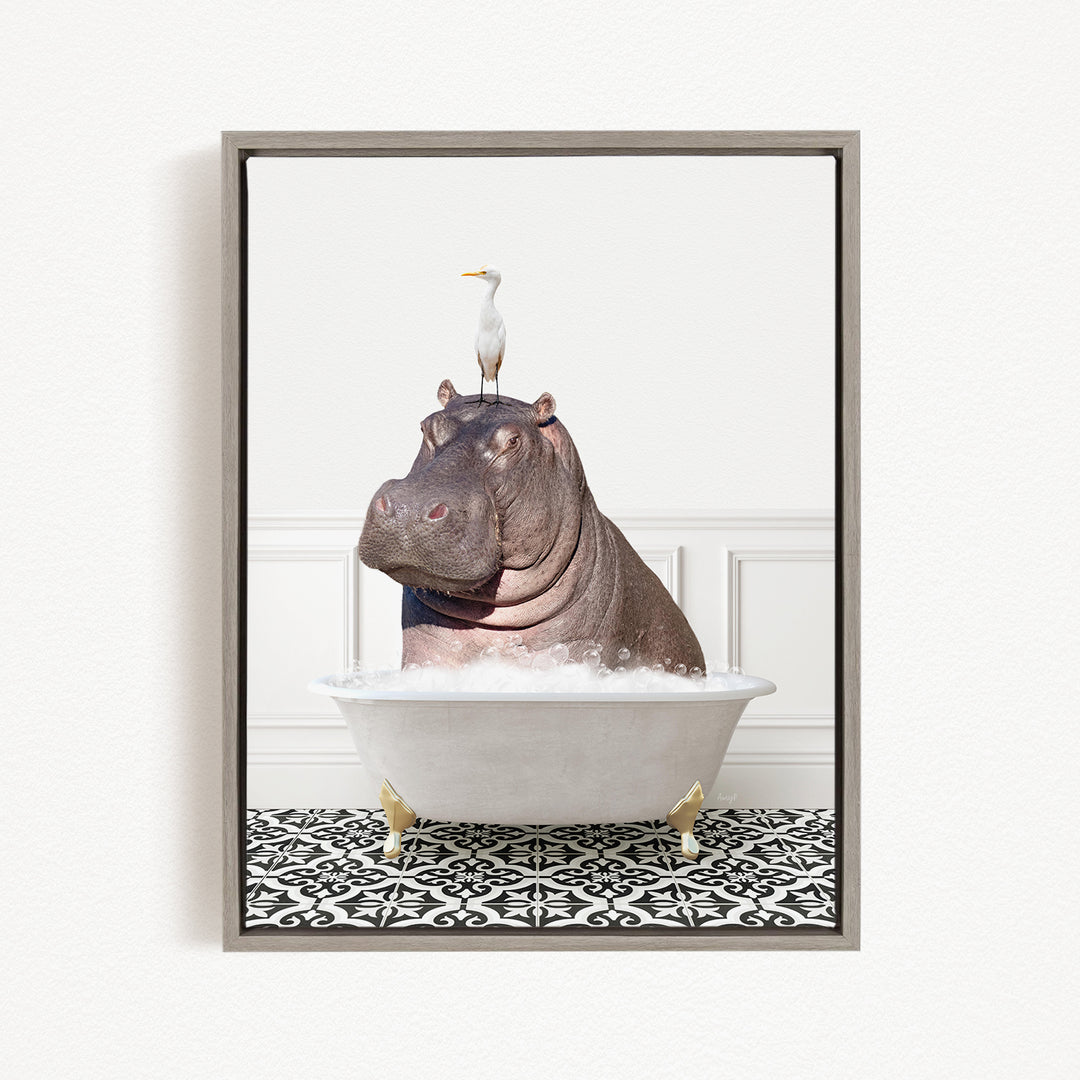 A large hippopotamus is sitting in a bathtub filled with water, with a seagull perched on its head.