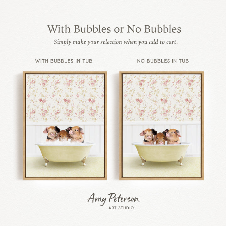 The image is a collage of two framed pictures, each depicting a group of hamsters sitting in a bathtub. The text above the images reads "With Bubbles or No Bubbles Simply make your selection when you add to cart." The text below the images states "WITH BUBBLES IN TUB" and "NO BUBBLES IN TUB," indicating the presence or absence of bubbles in the bathtub.