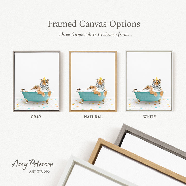 three framed canvas options, each featuring a cat sitting in a bathtub with a bird perched on its head. The options include a gray frame, a natural frame, and a white frame.