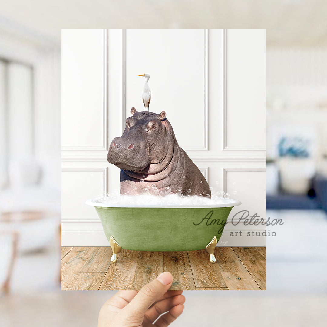 a hippo in a bathtub with a bird on top of it