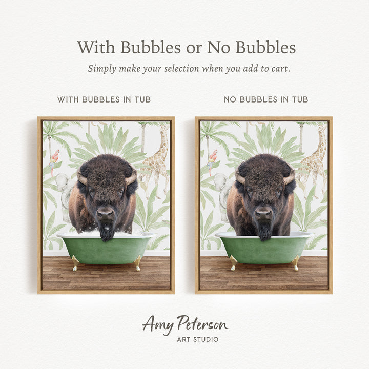 The image is a collage of two pictures featuring a bison in a tub. The first picture has bubbles in the tub, while the second picture does not have bubbles. The text above the images reads "With Bubbles or No Bubbles Simply make your selection when you add to cart."
