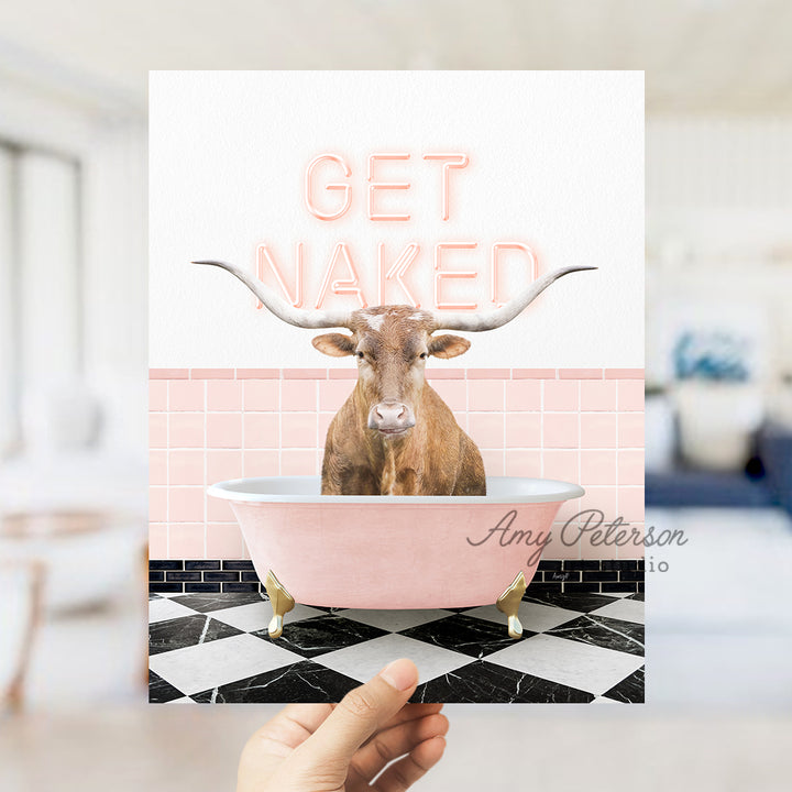 a person holding up a card with a picture of a cow in a bathtub