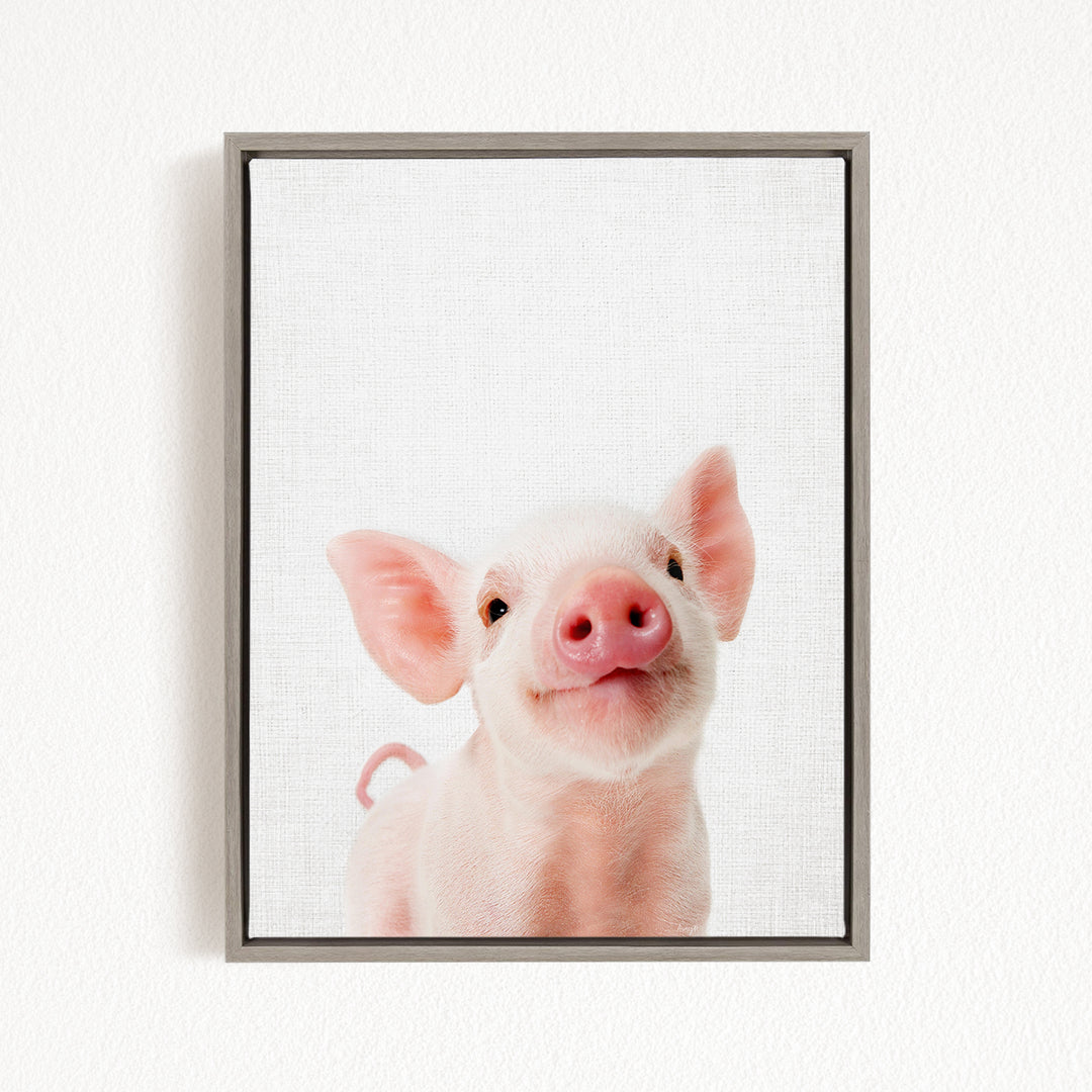 A cute, pink pig with large ears and a pink nose is the main subject of the image, which is a framed picture hanging on a white wall.
