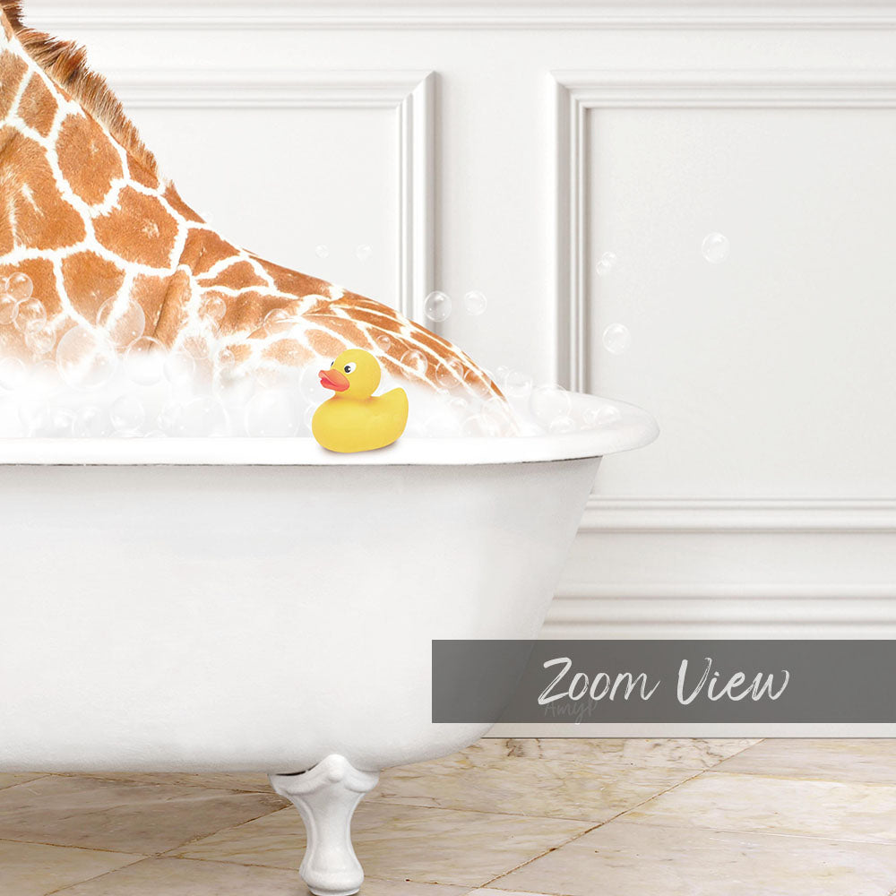 A giraffe is taking a bath in a white bathtub, with a rubber duck sitting on the edge of the tub.