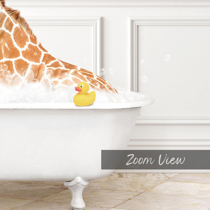 A giraffe is taking a bath in a white bathtub, with a rubber duck sitting on the edge of the tub.