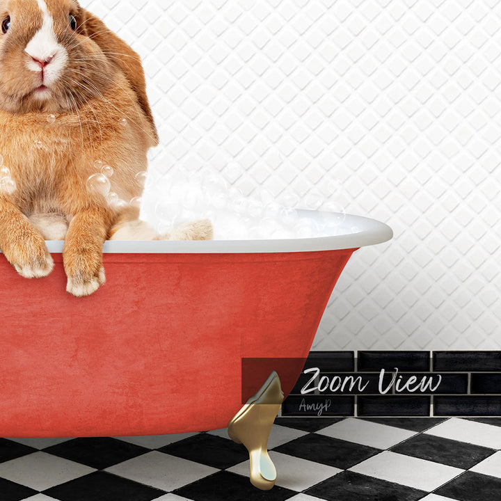 A brown rabbit sitting in a red bathtub filled with bubbles, with a black and white checkered floor and a tile wall in the background.