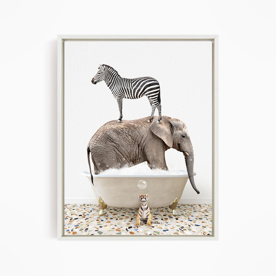 A zebra stands on the back of an elephant, which is submerged in a bathtub, with a small tiger sitting nearby.