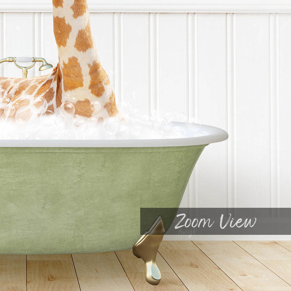 A giraffe standing in a green bathtub filled with bubbles, as depicted in a close-up view.