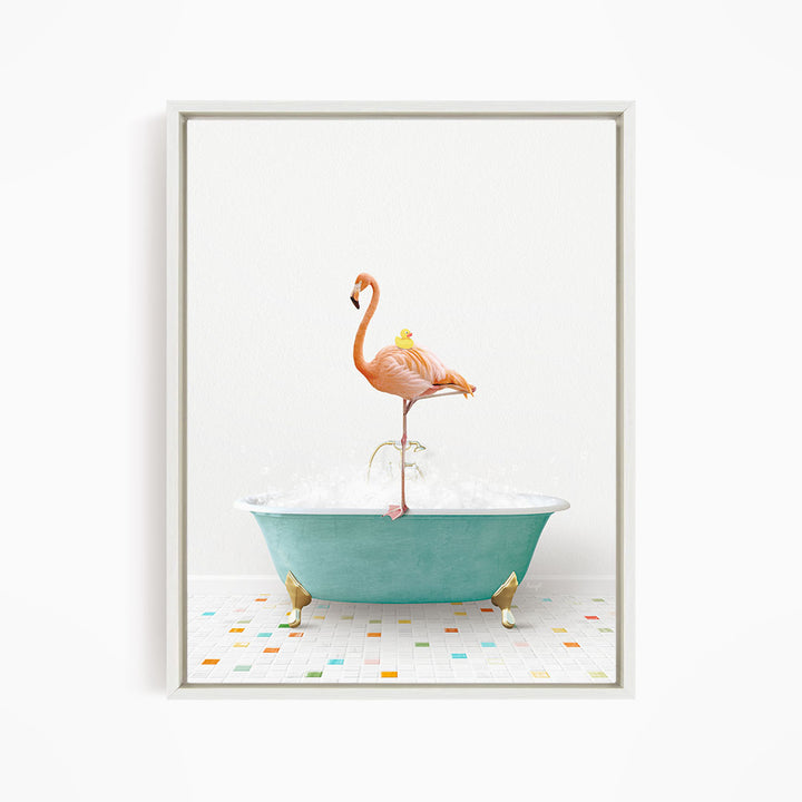 A pink flamingo stands on a green bathtub filled with bubbles, with a yellow duck perched on its back.