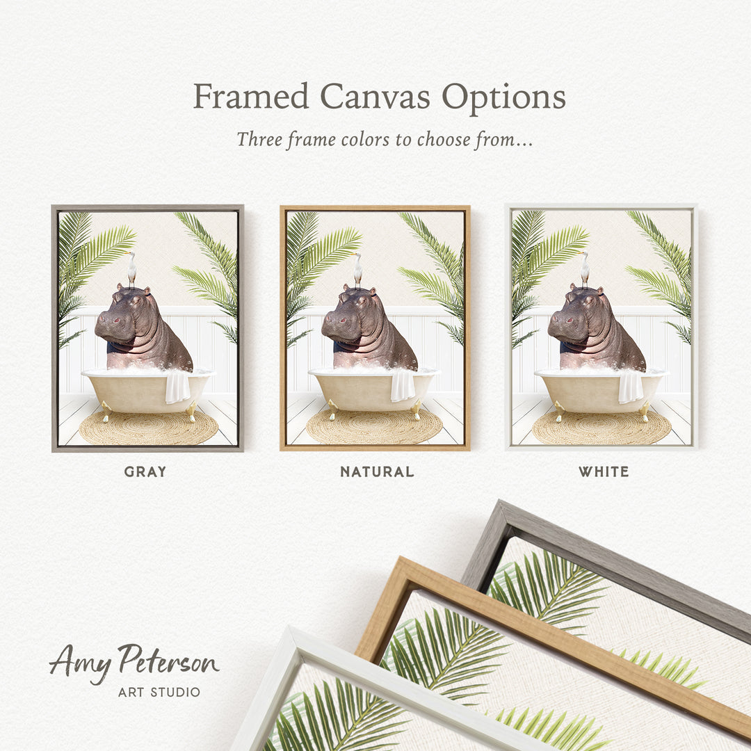 three framed canvas options featuring a hippopotamus in a bathtub, each with a different frame color: gray, natural, and white.