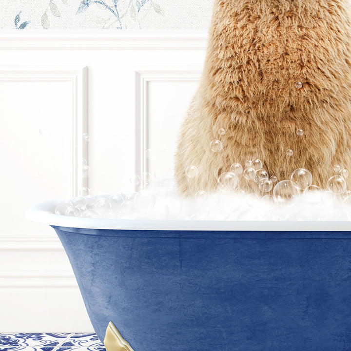 a brown bear sitting in a blue bath tub