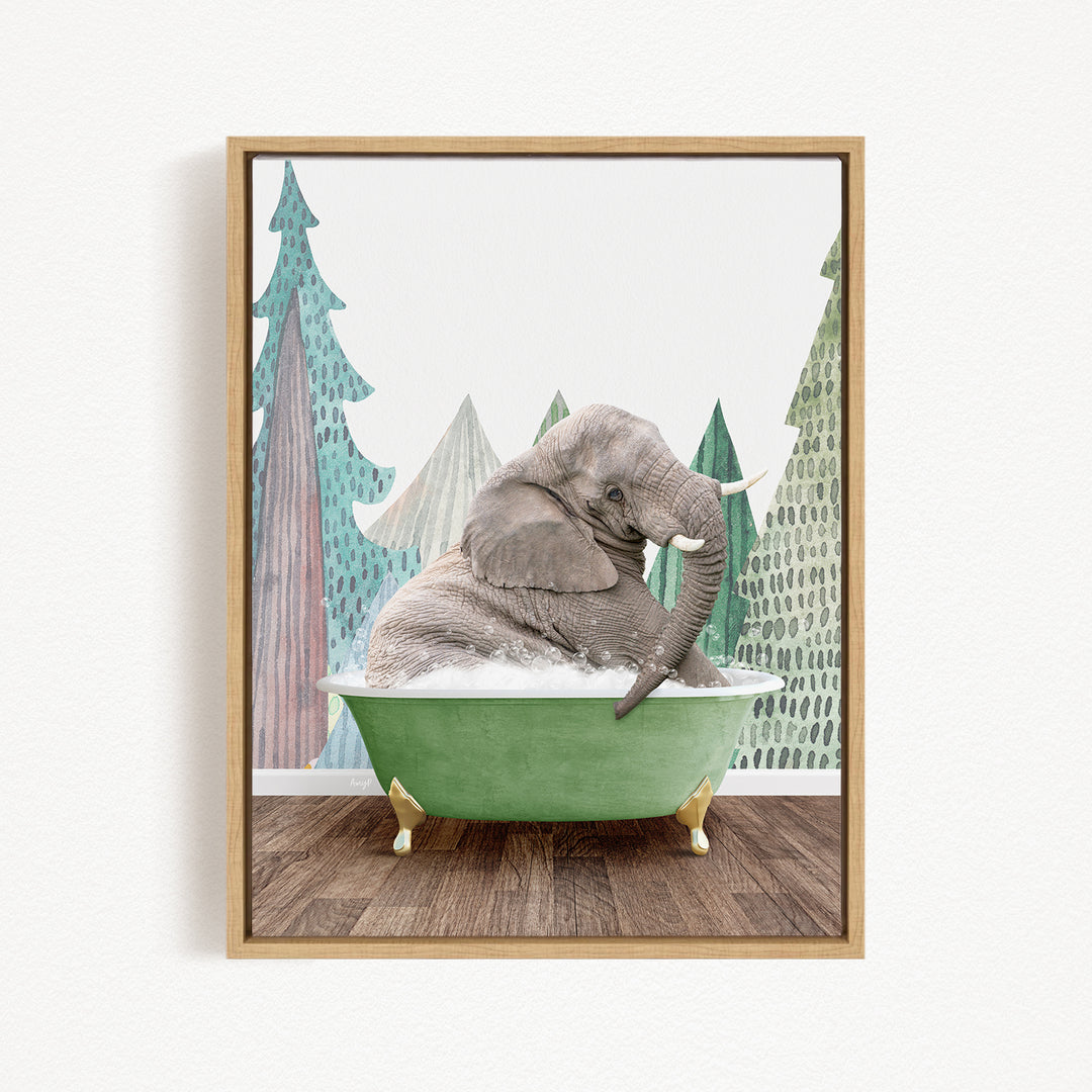 A gray elephant is sitting in a green bathtub, surrounded by a forest-themed background with trees and a snowy landscape.