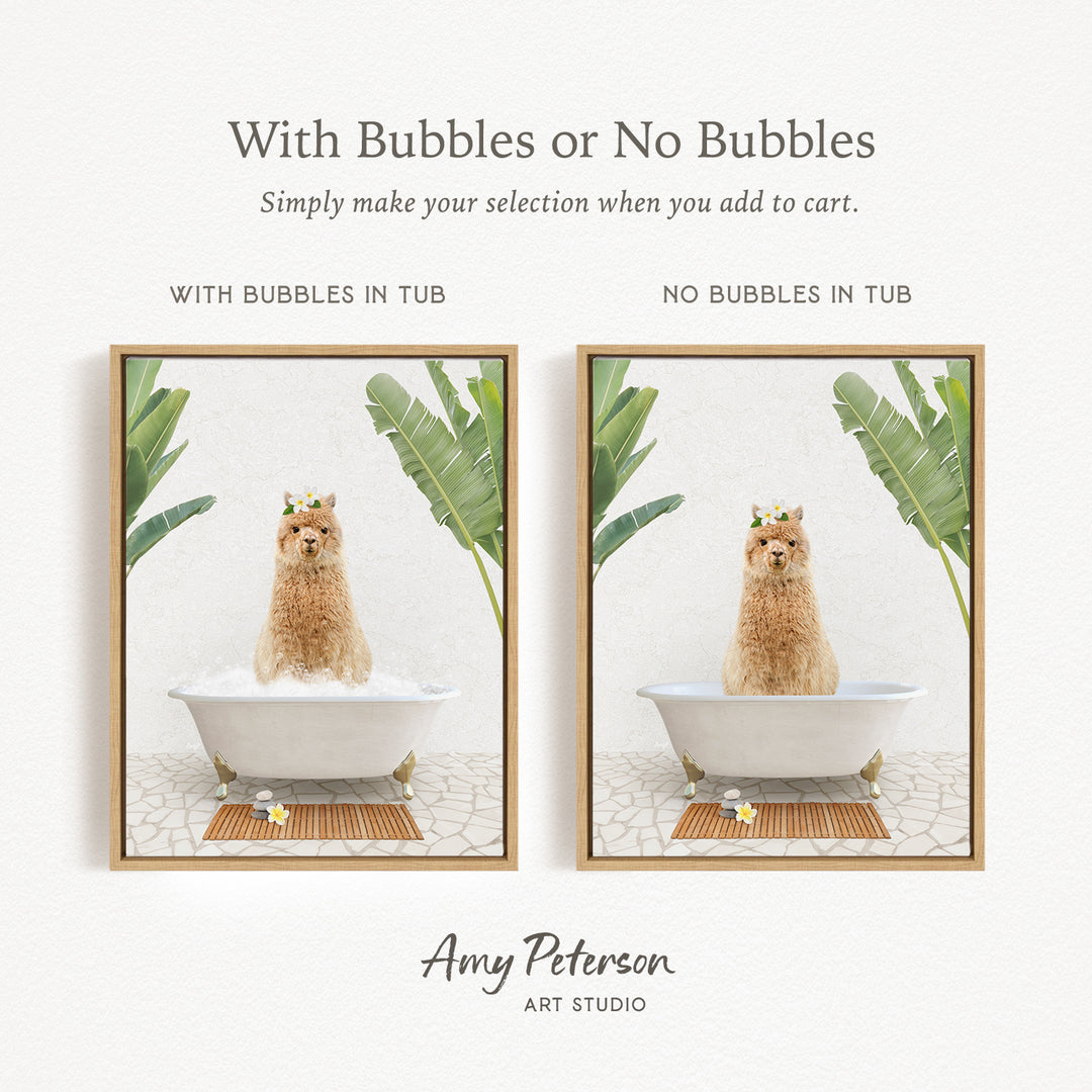 The image is a collage of two pictures featuring a dog sitting in a bathtub, with one picture having bubbles and the other not. The text above the images reads "With Bubbles or No Bubbles Simply make your selection when you add to cart."
