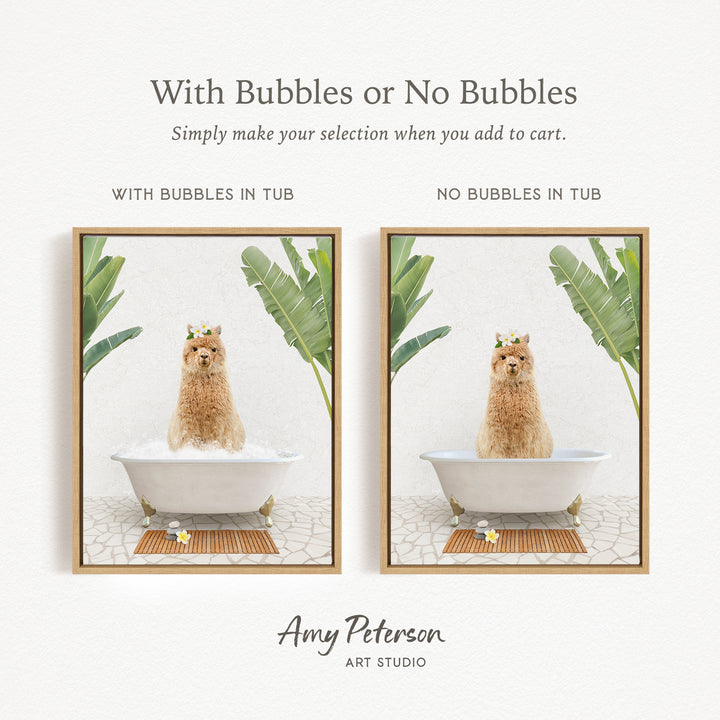 The image is a collage of two pictures featuring a dog sitting in a bathtub, with one picture having bubbles and the other not. The text above the images reads "With Bubbles or No Bubbles Simply make your selection when you add to cart."
