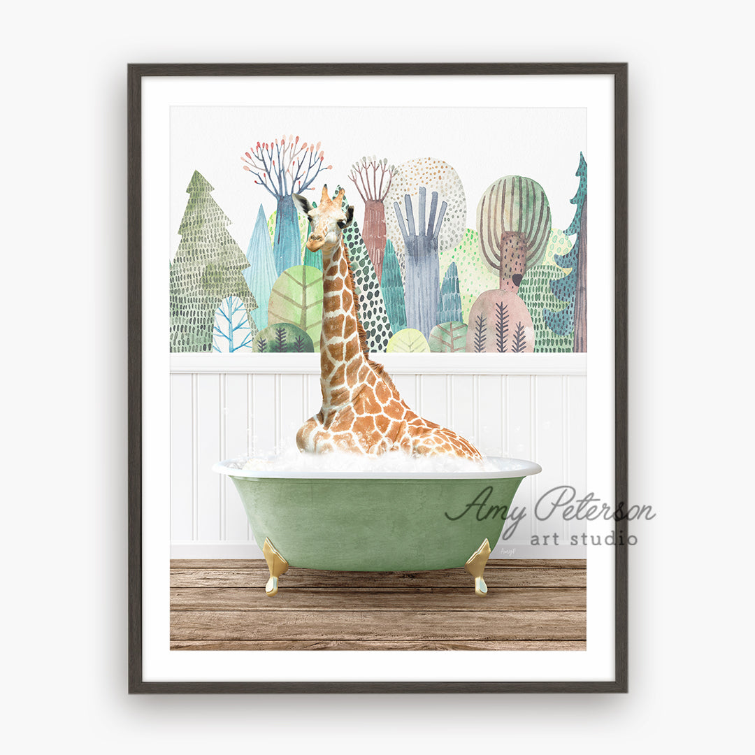 a giraffe sitting in a bathtub in front of a window