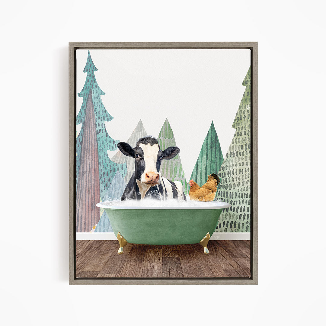 A cow is sitting in a green bathtub, surrounded by a chicken and a tree, with a forest-like background.