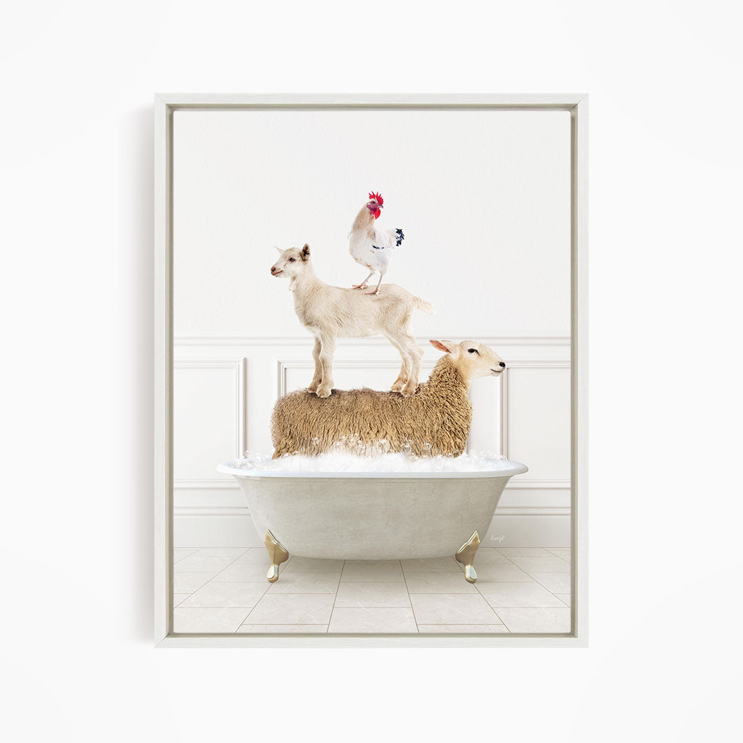 A white bathtub filled with water, with a goat standing on top of a sheep and a rooster perched on a lamb.