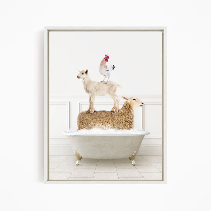 A white bathtub filled with water, with a goat standing on top of a sheep and a rooster perched on a lamb.
