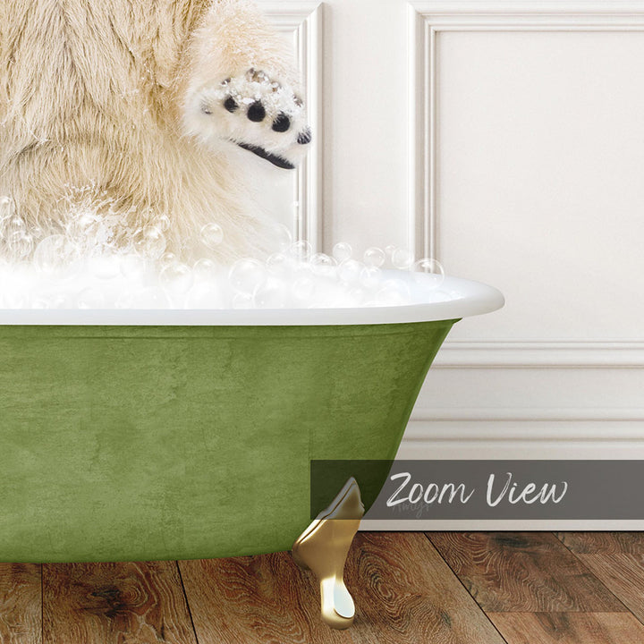 A fluffy white dog is standing in a green bathtub filled with bubbles, with its paw raised in the air.