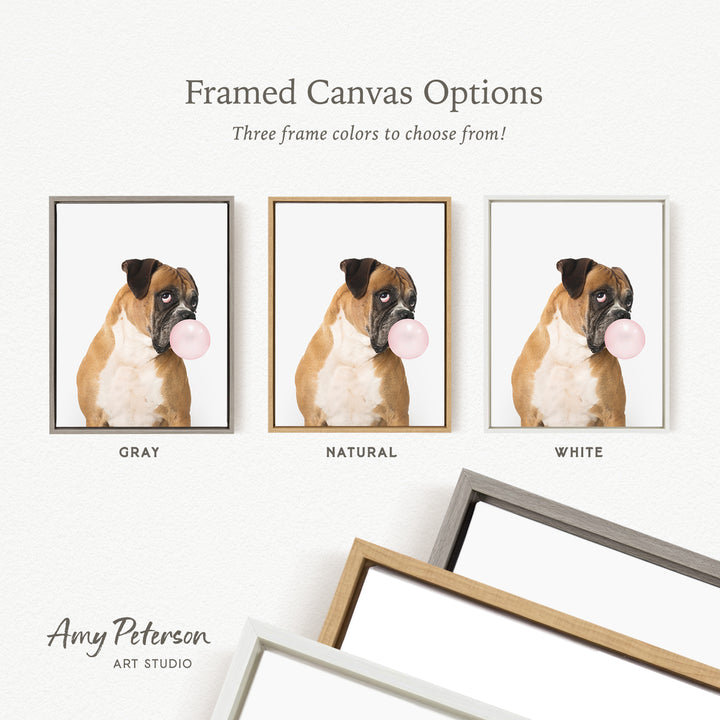 three framed canvas options for a dog, each with a different frame color: gray, natural, and white.