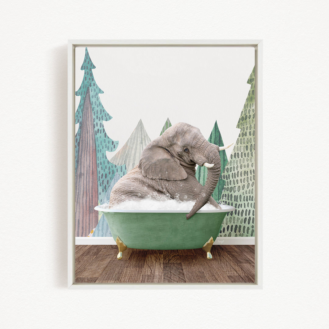 A gray elephant is sitting in a green bathtub, surrounded by a forest-like background with trees and a snowy landscape.