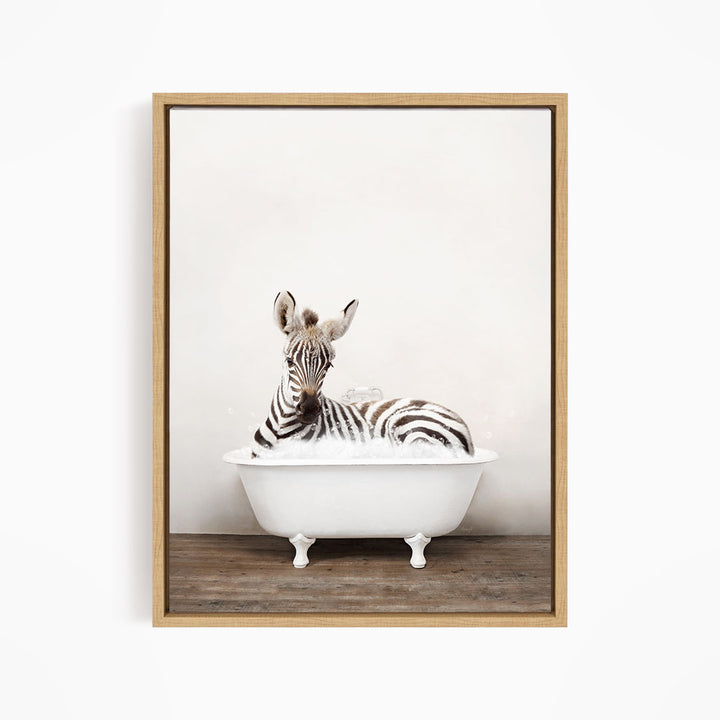 A zebra is sitting in a white bathtub, appearing relaxed and enjoying the bath.