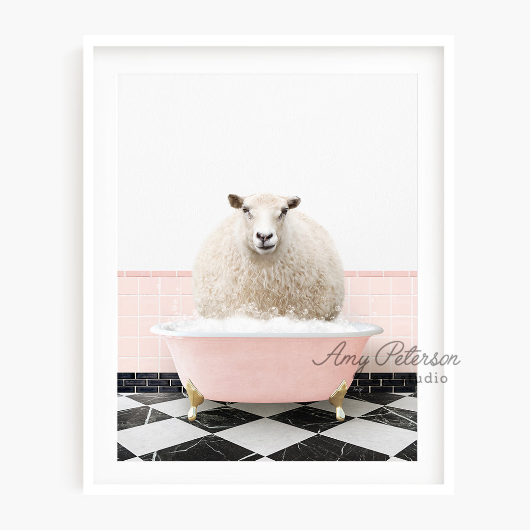 a sheep sitting in a bathtub on a tiled floor